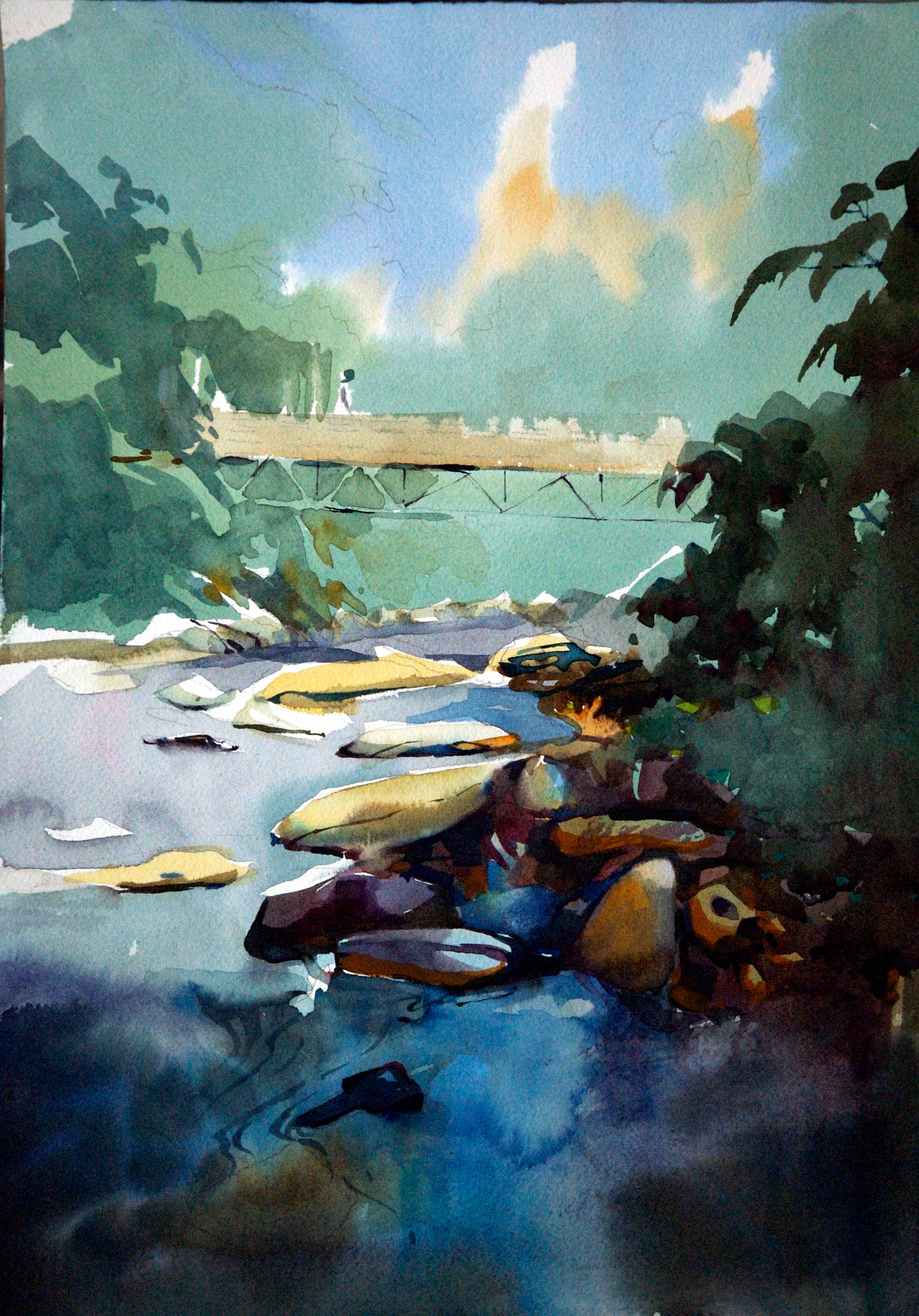 Bridge Over River — Watercolor on paper