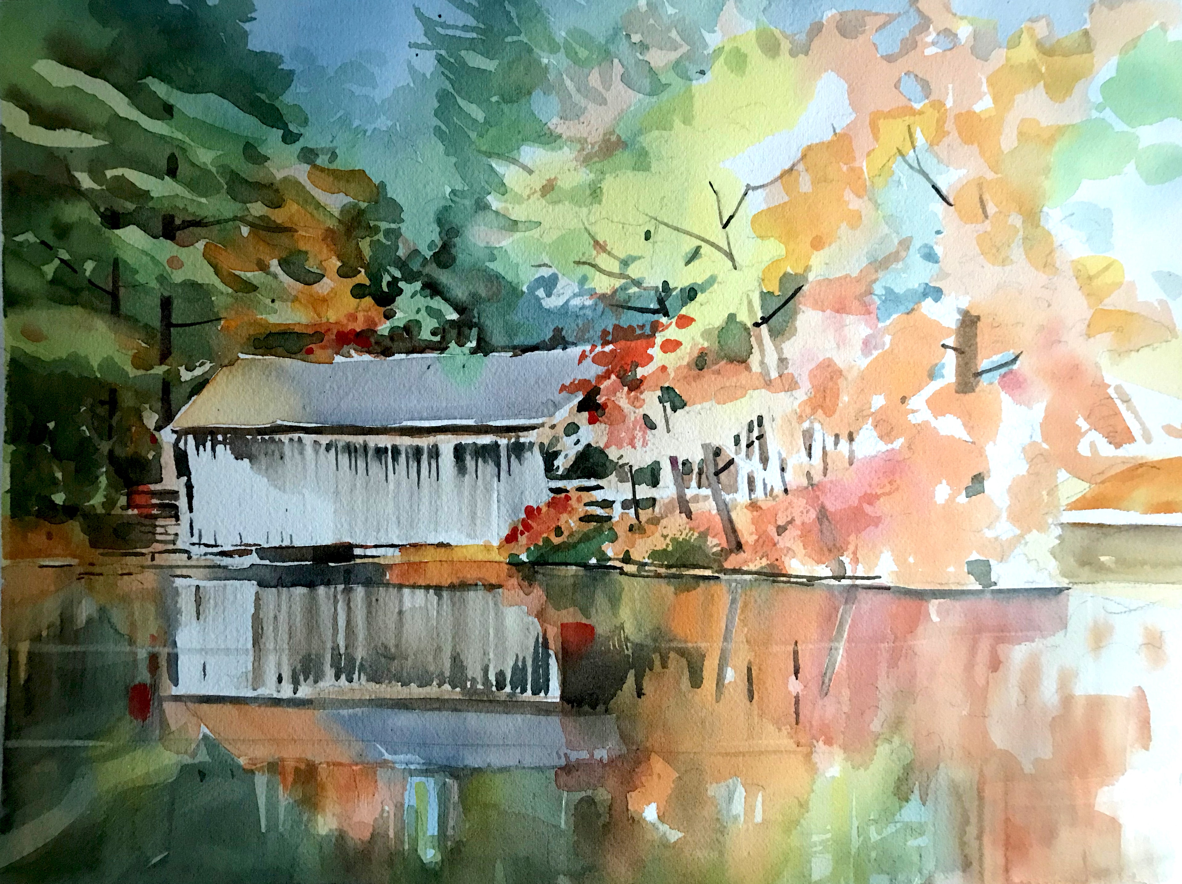 Covered Bridge — Watercolor on paper