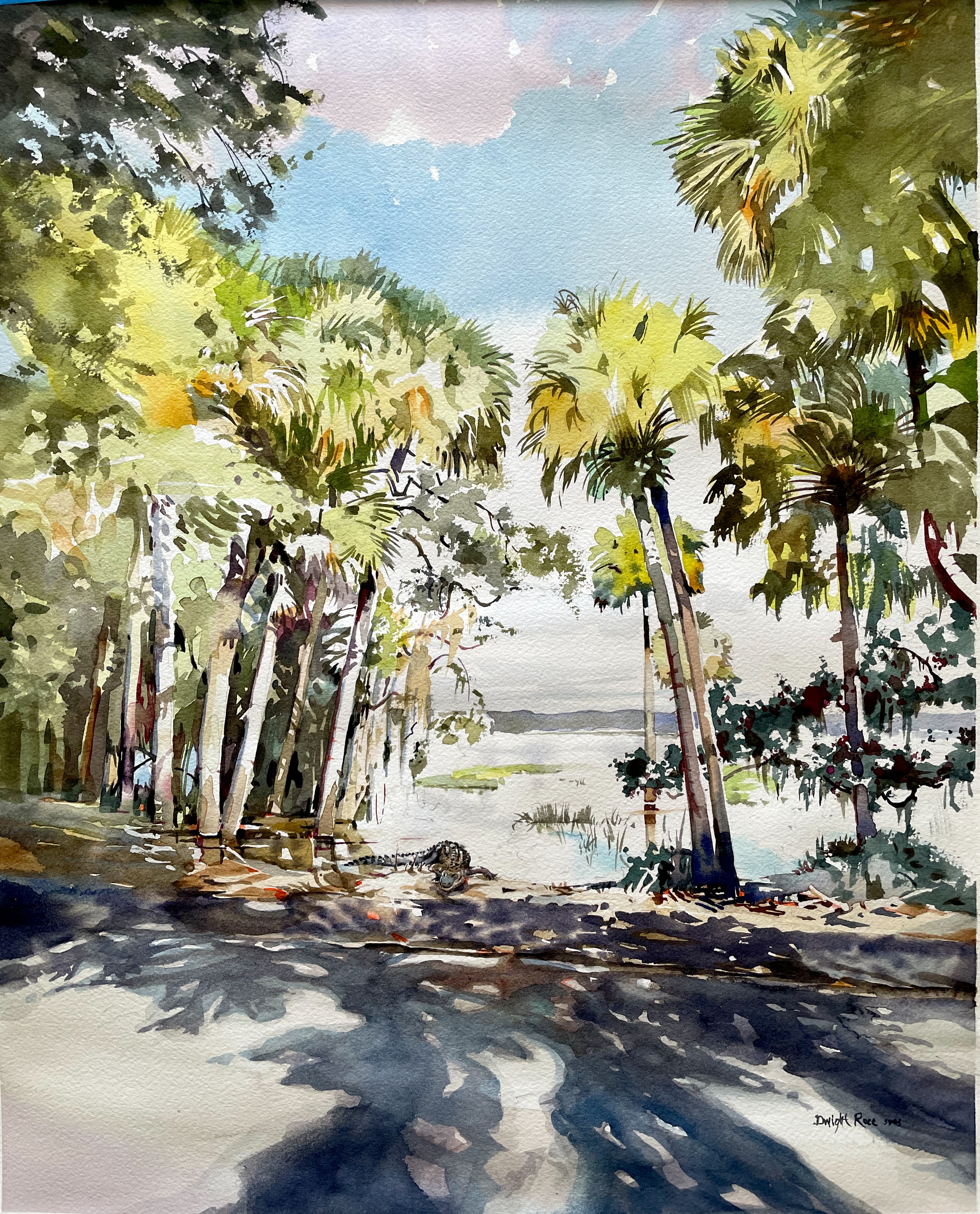 Plein air painting at Myakka — palm trees framing the tropical waterfront