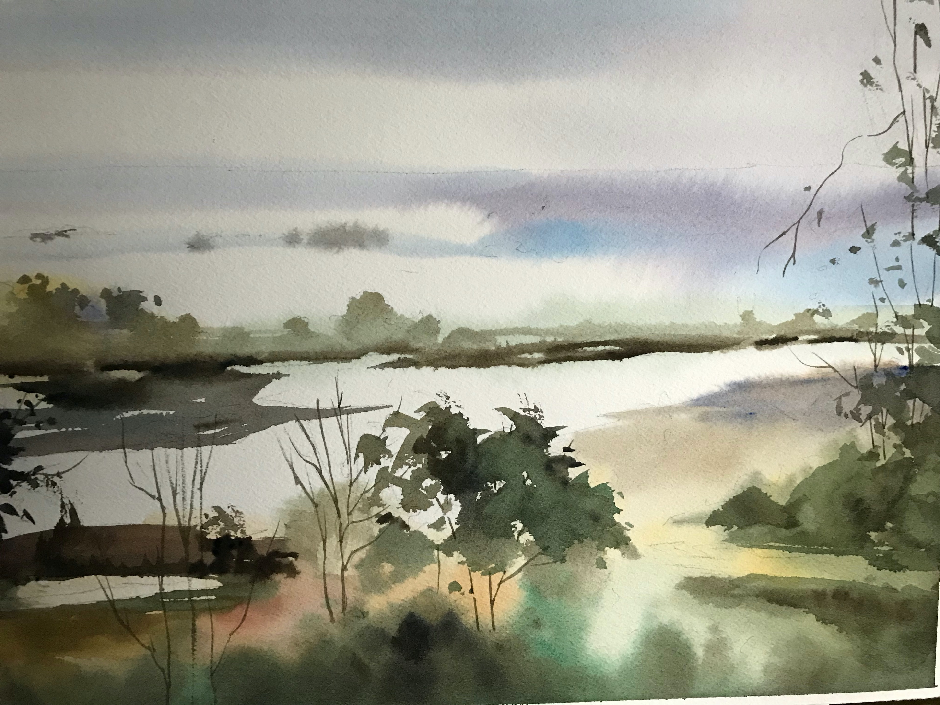 Misty Wetland — Watercolor on paper