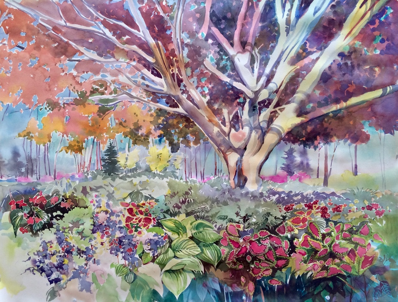 Plein air watercolor painting — flowering garden beneath a tree