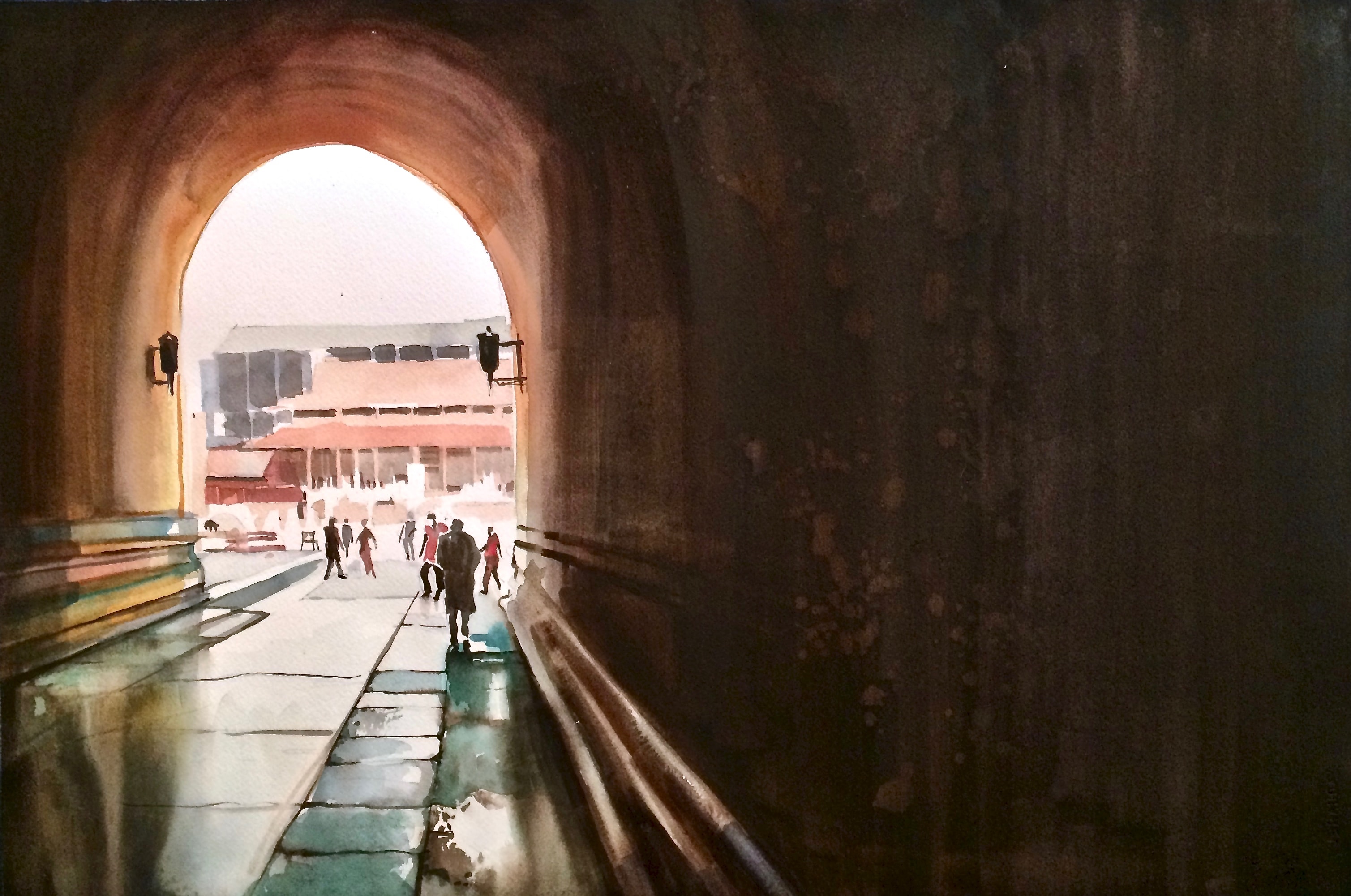 Through the Archway — Watercolor on paper
